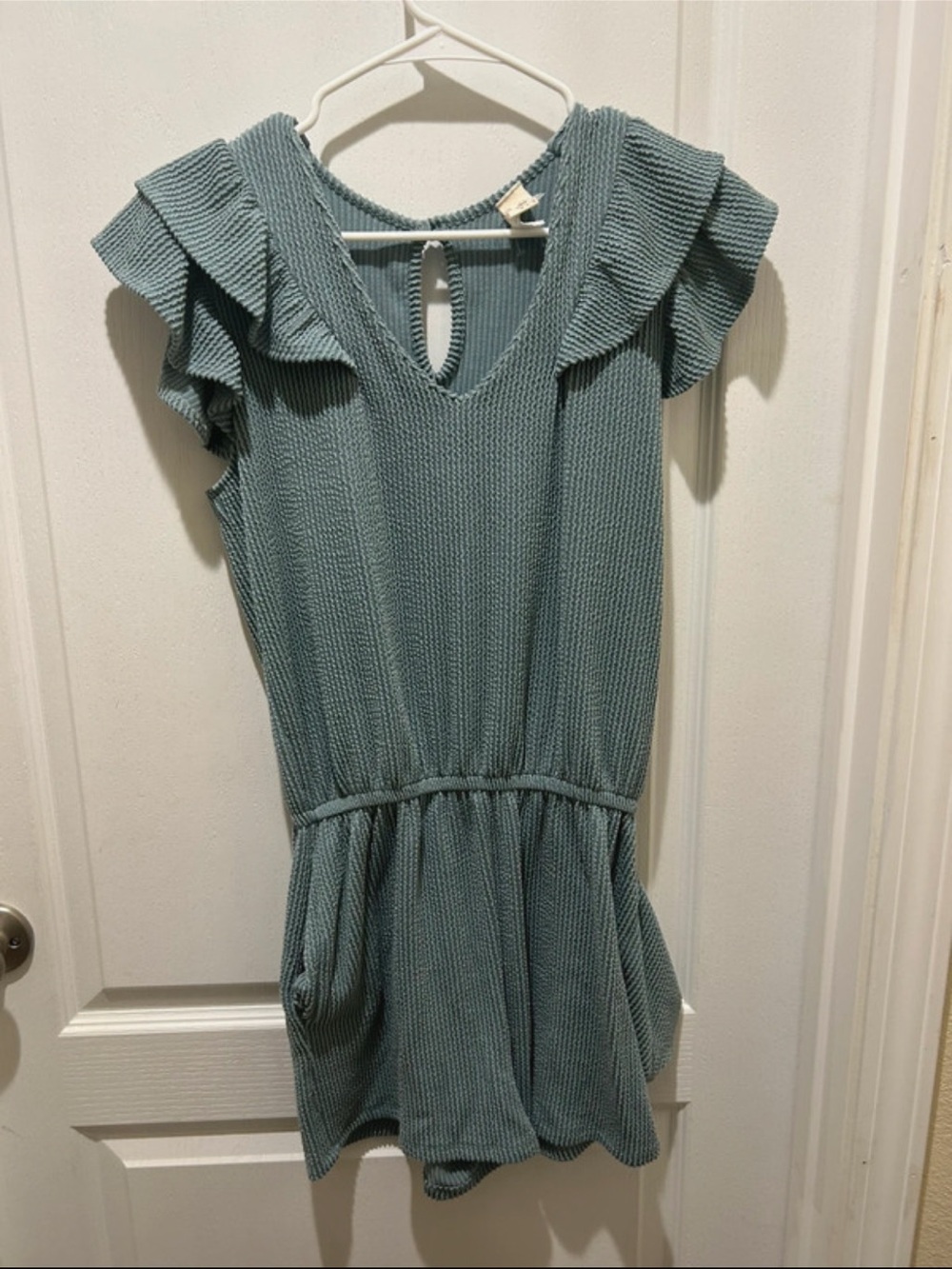 Textured Ruffle Sleeve in Dusty Teal 7th Ray Romper M